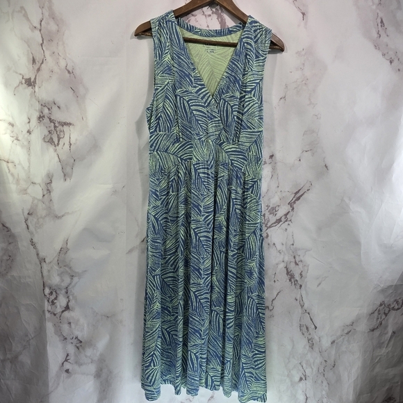 LL Bean Dress Womens Large Blue Green Maxi Sleeveless Tank Long Tropical Leaf V - Picture 1 of 10